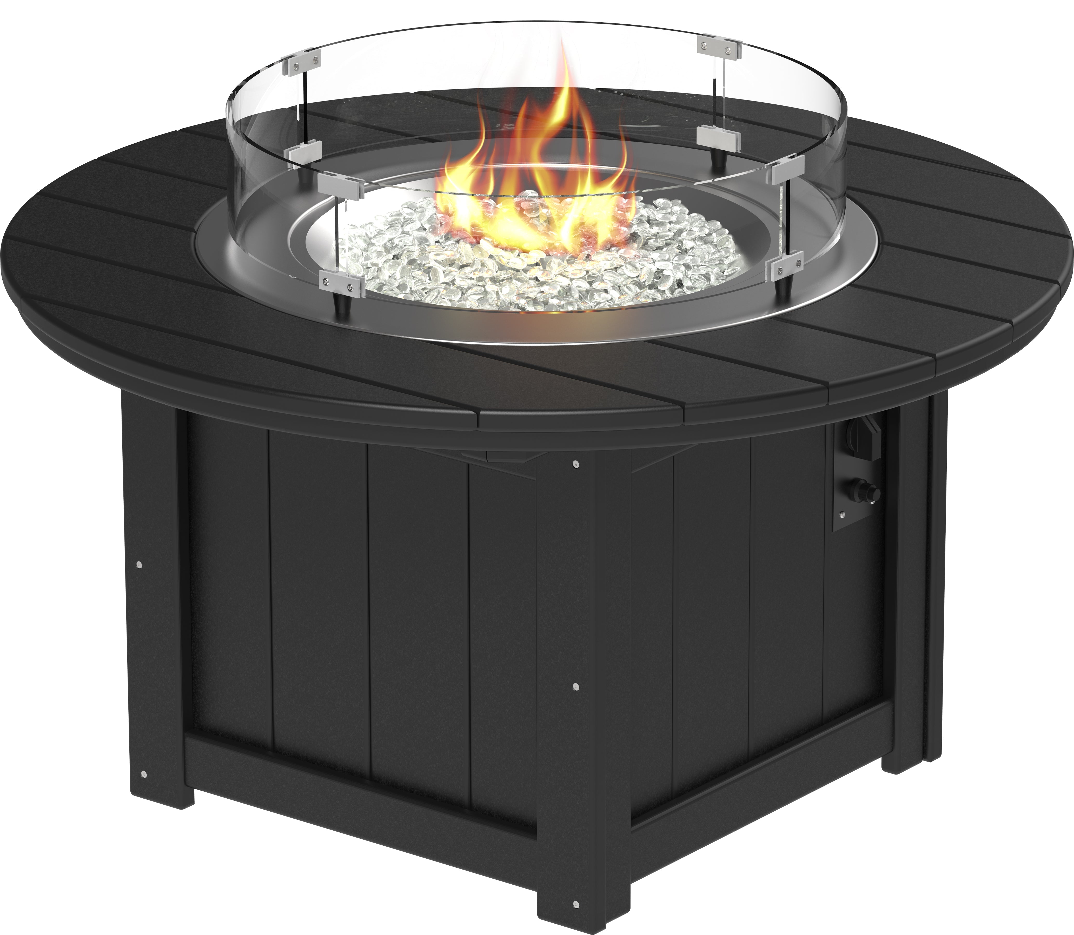 Black LuxCraft Lumin 46-inch round outdoor fire pit table with tempered glass wind guard, fire glass gems, and recycled poly lumber